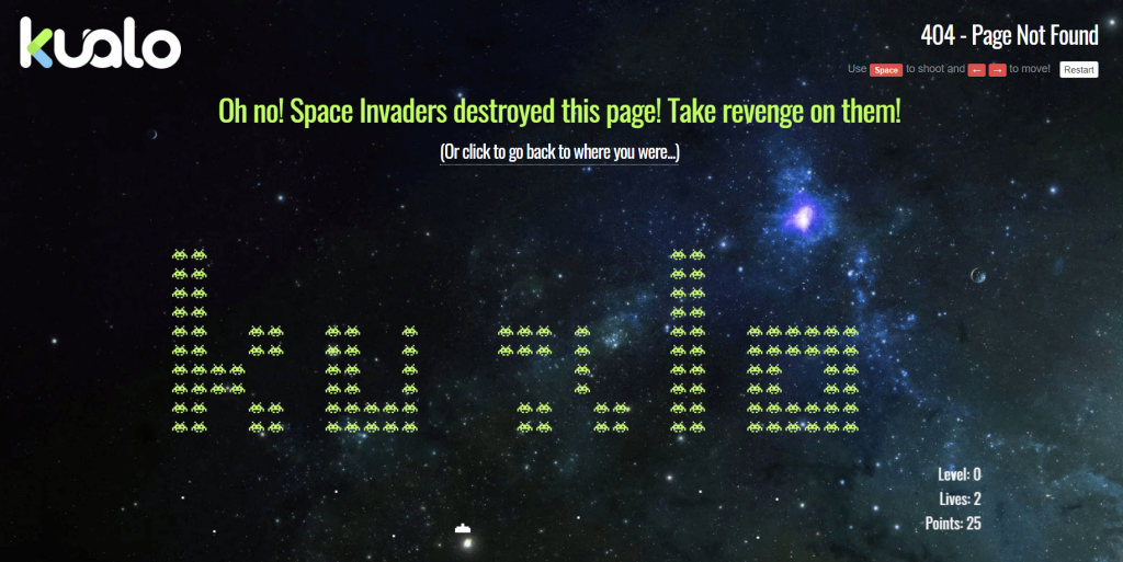 Страница с ошибкой 404 в виде игры Сайт Kualo