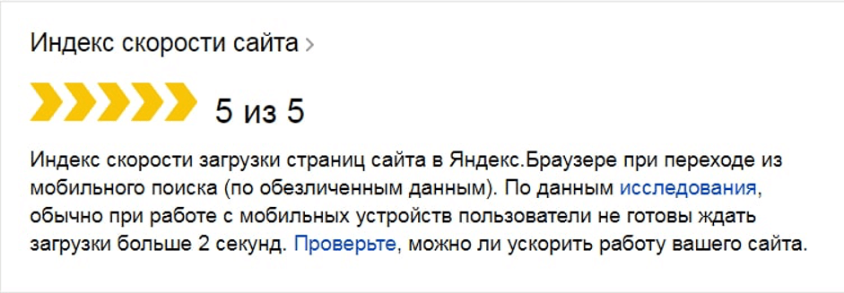 Индекс скорости сайта в «Яндекс.Браузере»